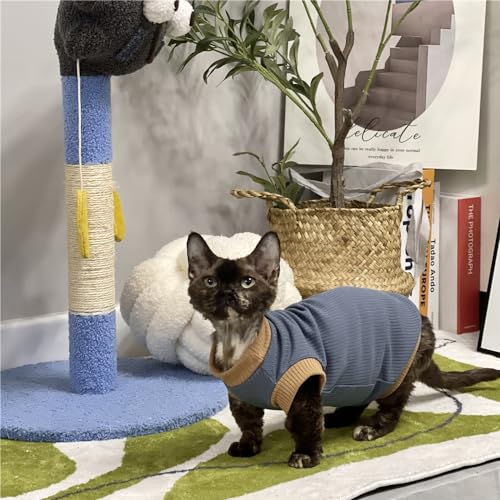 HONGSUO Sphynx-Katzenkleidung Devon/haarlose Katze Sommer-Bauchschutz 4-Fuß-Kleidung Sweatshirt-Unterhemd Aus Reiner Baumwolle Bequem Und Schmutzabweisend,Blaue Weste,S von HONGSUO