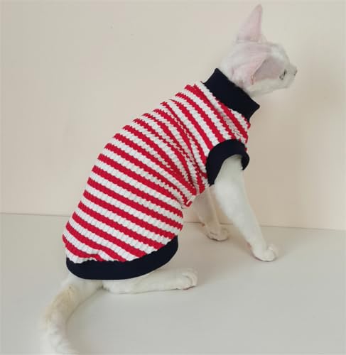 HONGSUO Sphynx-Katzenkleidung Devon Haarlose Katze Herbst Reine Baumwolle Gestreifte Weste Ärmelloses T-Shirt,rote Streifen,XL von HONGSUO