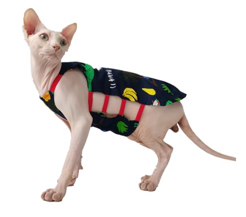 HONGSUO Sphynx-Katzenkleidung Devon Summer Hairless Cat Bedruckter Baumwollmantel Mit Bauchband,Navy Blau,XS von HONGSUO