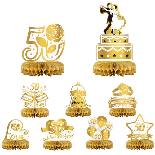 HONMOK 9 Stück 50. Goldene Hochzeit Dekoration 50. Hochzeitstag Waben Deko 50 Jubiläum Bienenwaben Tischaufsätze Mittelstücke Hochzeitsdeko für Goldene Hochzeit Jahrestag Tischdekoration von HONMOK