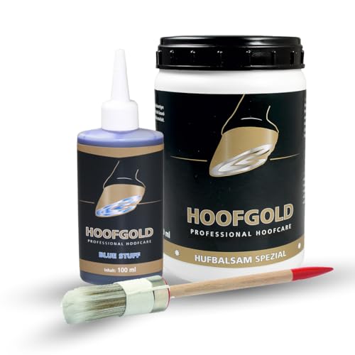 HOOFGOLD Strahlfäule Hilfekombi Set 2 mit Pinsel - Hufbalsam Spezial 980 ml & Bluestuff 100 ml - effektive schnelle Hilfe - Strahlfäule Pferd von HOOFGOLD