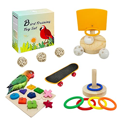 Vogelspielzeug für Sittiche, 5-teiliges Papageienspielzeug-Set (inkl. Vogel-Basketball-Spielzeug, Vogel-Skateboard, Vogel-Stapelspielzeug, Papageien-Holzblock-Puzzle-Spielzeug, kleiner Sepak-Takraw), von HOORITO