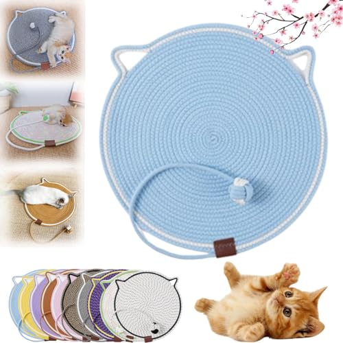 HOPASRISEE Celery Pets Dual Scratching Pad, Kratzmatte Katze Hanfseil, Katzenkratzbretter, Verschleißfeste Katze Kratzbrett mit Spielzeug Ball, Kratzkissen für Hauskatzen (43cm,Blue) von HOPASRISEE