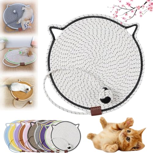 HOPASRISEE Celery Pets Dual Scratching Pad, Kratzmatte Katze Hanfseil, Katzenkratzbretter, Verschleißfeste Katze Kratzbrett mit Spielzeug Ball, Kratzkissen für Hauskatzen (43cm,White) von HOPASRISEE