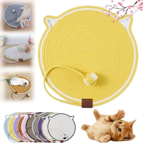 HOPASRISEE Celery Pets Dual Scratching Pad, Kratzmatte Katze Hanfseil, Katzenkratzbretter, Verschleißfeste Katze Kratzbrett mit Spielzeug Ball, Kratzkissen für Hauskatzen (43cm,Yellow) von HOPASRISEE