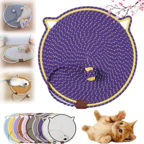 HOPASRISEE Celery Pets Dual Scratching Pad, Kratzmatte Katze Hanfseil, Katzenkratzbretter, Verschleißfeste Katze Kratzbrett mit Spielzeug Ball, Kratzkissen für Hauskatzen (43cm,Yellow-Purple) von HOPASRISEE