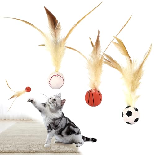 HOPASRISEE Feather Ball Cat Toy, Bouncy Tails Cat Toys for Indoor Ourdoor Cats, Mini Basketball Soccer and Baseball Interactive Bouncy Ball for Cat Dog Pet Toys Gift (A+B+C) von HOPASRISEE