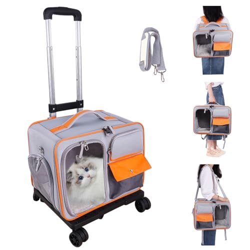 HOSL Cat Carier mit Universalrädern, Haustiertrage für Katzen und kleine Hunde, Katzenrucksack, weiche Seiten, Haustier-Reise-Tragetasche, abnehmbar für Auto, Camping, Outdoor, Katzenbuggy, von HOSL