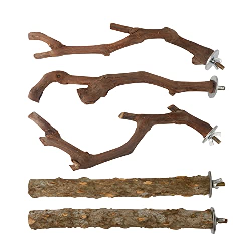 Vogel-Ständer aus natürlichem Holz, für Papageien, 3 Sitzstangen aus Traubenholz, 2 Ständer, Pfotenabdrücke, Gabel, Kaustab für Nymphensittiche, kleine Vögel, 5 Stück von HOSUKKO