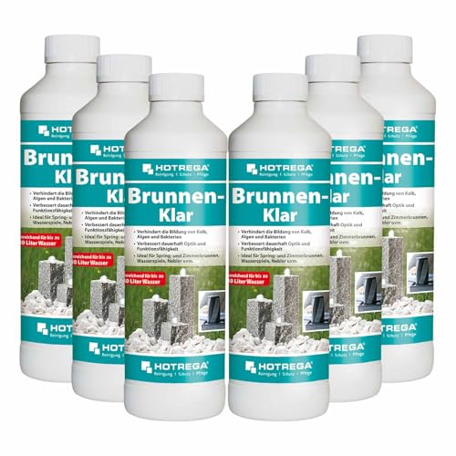 HOTREGA Brunnen Klar 500ml – Brunnenreiniger verhindert Kalk und Algenbildung für Brunnen und Wasserspiele 500ml (6X 500ml) von HOTREGA