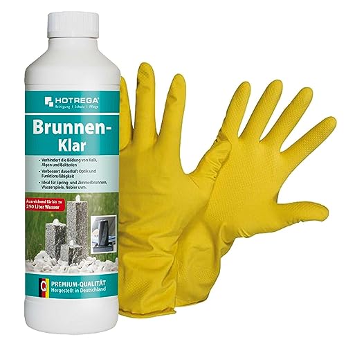 HOTREGA Brunnen Klar Brunnenreiniger verhindert Kalk und Algenbildung für Brunnen und Wasserspiele 500ml (500ml, Latexhandschuhe Gr. 10) von HOTREGA