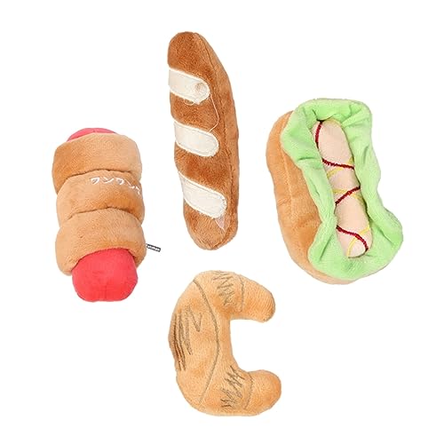 HOUDERCO 4Stücke Quietschendes Plüsch Hund Und Katze Molar Für Haustiere Lebensmittelformige Kauknochen Für Welpen Und Kätzchen Inklusive Hamburger Würstchen Croissant von HOUDERCO