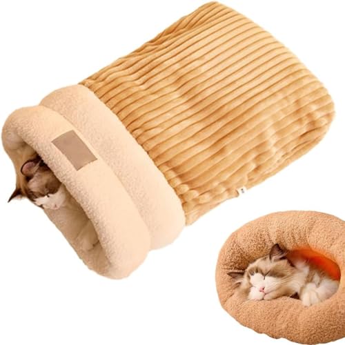 Katzen-Winterschlafsack, weicher Plüsch, großer Katzensack, selbstwärmendes Katzenbett, 360°-Wicklung, bequemer Haustier-Kuschelsack, halbgeschlossenes Katzenschlafsackbett für Katzen (L,Brown) von HOUKUNKA