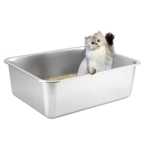 Katzentoilette Katzentoilette Edelstahl Katzentoilette Große Katzentoilette für Katzen Kaninchen, nimmt nie Gerüche auf, rostfrei, antihaftbeschichtete glatte Oberfläche (Edelstahl, 49,5 cm L x 34,3 von HOUSLUX