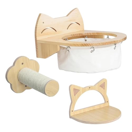 HOUSN 3X Katzen Wand Klettergerüst Set Holzmöbel Stabil Kätzchen Wand Bett Aktivitätszentrum Wand Katze Kratzen Kletterbaum,Braun von HOUSN