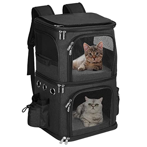 HOVONO Doppel-Fach Haustier Tragetasche Rucksack für kleine Katzen und Hunde, Katzentrage für 2 Katzen, perfekt für Reisen/Wandern/Camping, Schwarz von HOVONO