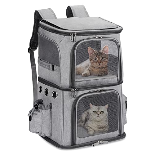 HOVONO Doppelfach Haustiertragetasche Rucksack für kleine Katzen und Hunde, Katzen-Reisetrage für 2 Katzen, perfekt für Reisen/Wandern/Camping, Grau von HOVONO