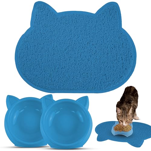 Futternäpfe für Katzen und Kätzchen, 3-teilig, blau, Haustier-Set, leicht zu reinigen, wasserdichte Haustiermatte für Boden, rutschfeste Näpfe für Wasser, 160 m von HOVUK