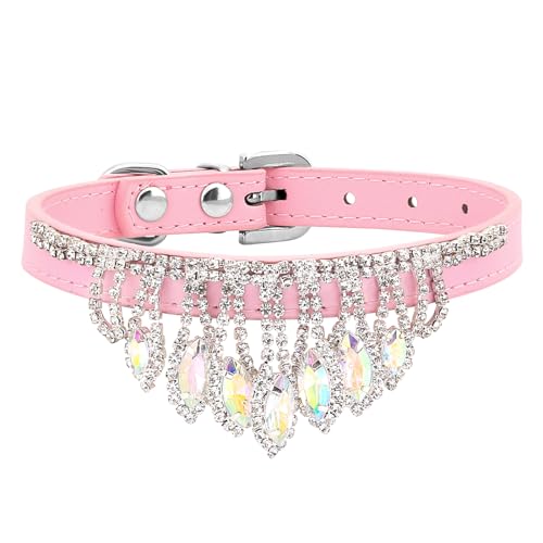 HOWWFALY Bling Strass Kristall Hundehalsband PU Leder Verstellbares Halsband Weich Kristall Hundehalsband Hals Dekoration Halsband für Kleine Mittlere Hunde (Rosa) von HOWWFALY