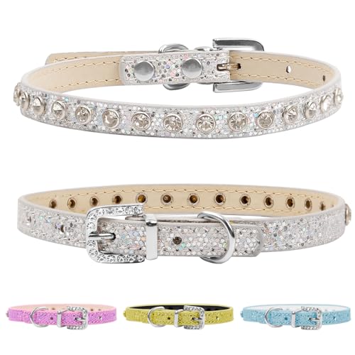 HOWWFALY Pet Bling Accessories Halsband für Katzen und Hunde, aus PU-Leder, verstellbar, Größe S, silberfarben von HOWWFALY