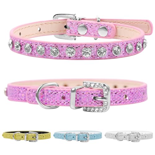 HOWWFALY Pet Bling Accessories Halsband für Katzen und Hunde, mit Strasssteinen, PU-Leder, verstellbar, Größe M, Rosa von HOWWFALY