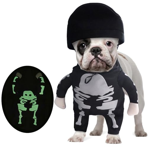HOWWFALY Skelett Fluoreszierendes Nachtlicht Hund Cosplay, niedlicher Hund Halloween Weihnachten Cosplay Lustige Hundekleidung Partykostüm für kleine, mittelgroße und große Hunde (Skelett von HOWWFALY