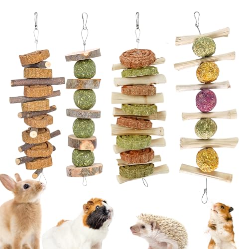 HPAWHOMEPART 4PCS Bunny Kauspielzeug, Kaninchen kauen Spielzeug Apfel Holz Gras Lieschgras Sticks Kauen für Kaninchen Meerschweinchen Hamster Gerbil und andere kleine Tiere Backenzahn Snacks Bunny Spi von HPAWHOMEPART