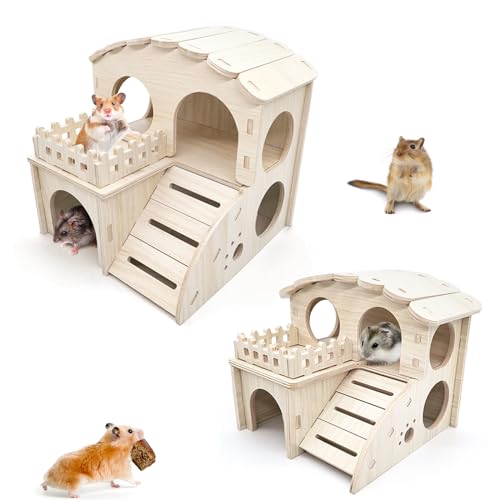 HPAWHOMEPART Hamster-Labyrinthaus, Doppeldecker-Holzhaus, Kleintierversteck mit lustiger Kletterleiter und Fenster, abnehmbares Hamsterspielzeug, Hamsterkäfig-Zubehör für Rennmäuse und Lemminge (L) von HPAWHOMEPART