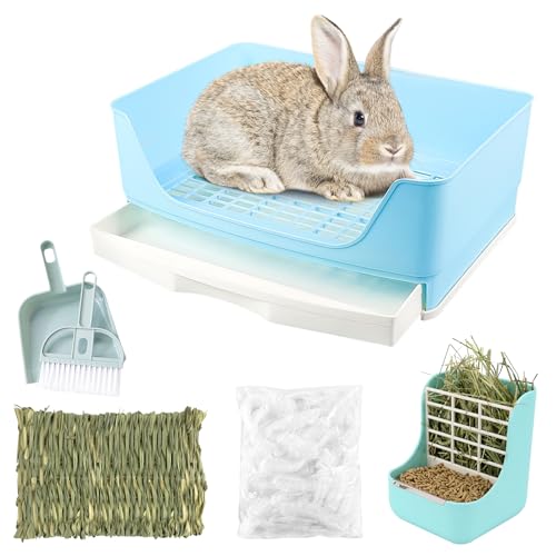 HPAWHOMEPART Kaninchentoilette, Töpfchentrainer, Eck-Bettwäsche mit Schublade, Töpfchen-Ecktoilettentrainer, größere Haustierpfanne mit Grasmatte für Meerschweinchen, Chinchilla, Hamster (blau) von HPAWHOMEPART