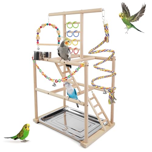 HPAWHOMEPART Vogelspielplatz, Papageien-Spielständer für kleine bis mittelgroße Vögel, Sitzstange mit 3 Leitern, Spielstudio mit Seilsitzstange, Schaukeln, Futterbecher, Vogelkäfig-Zubehör für von HPAWHOMEPART