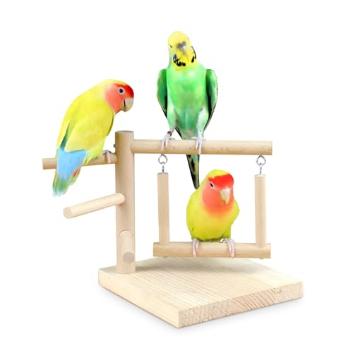 Holz Papagei Mini Play Stand Vogel Schleifen Barsch Tabletop Plattform Vogelkäfig Stand mit Fütterung Schüssel Dreieck Portable Play Stand für kleine Nymphensittiche, Sittiche von HPAWHOMEPART