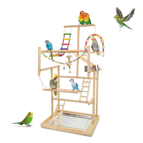 HPWAHOMEPART Vogel-Spielständer für Papageien, Spielplatz, Holz, Sitzstange, 4 Leitern, Spielstudio mit Übungsspielzeug, Schaukeln, Futterbecher, für Kakadus, Lovebirds Playgym, Sittiche, Käfigzubehör von HPAWHOMEPART