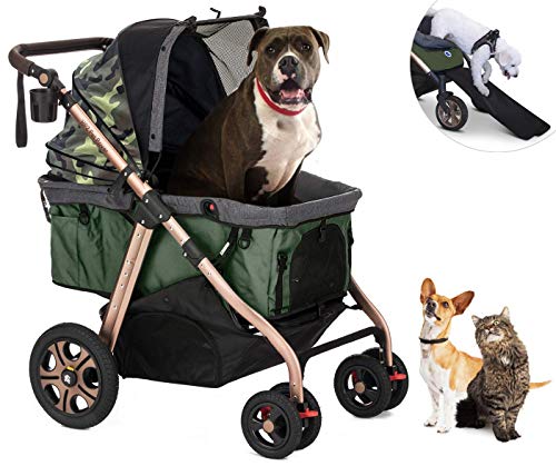 HPZ Pet Rover Titan-HD Premium-Kinderwagen für Hunde / Katzen / Haustiere, mit Auffahrrampe, 45,4 kg Tragkraft, pumplose Gummiräder, Aluminiumrahmen, für kleine, mittelgroße und große und XL-Haustiere, Grün Camo von HPZ-PR America