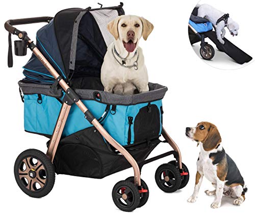 HPZ Pet Rover Titan-HD Premium-Kinderwagen für Hunde / Katzen / Haustiere, mit Auffahrrampe, ohne Reißverschluss, Gummireifen, Aluminiumrahmen, Blau von HPZ-PR America