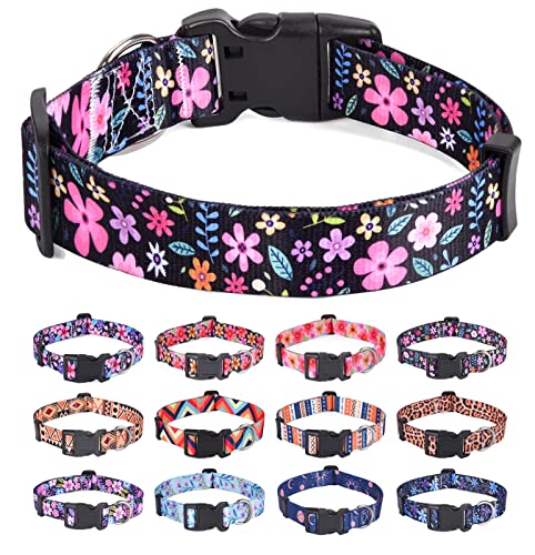 HQYDDMI Hundehalsband, Nylon Hunde Halsband, verstellbar für Katze, Welpen, kleine, mittelgroße und große Hunde, mit Blumen Muster(Blumen,M) von HQYDDMI