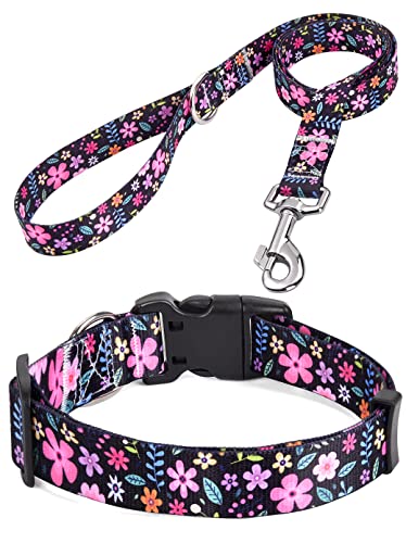 HQYDDMI Hundehalsband und Leine, Set für große Hunde, mit Blumendruck, weich, bequem, verstellbar, für kleine, mittelgroße und große Hunde, Blumenmuster für Mädchen, Jungen, Hunde (Blumen-Set, L) von HQYDDMI