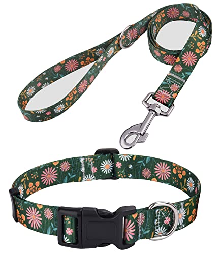 HQYDDMI Hundehalsband und Leine, Set für große Hunde, mit Blumendruck, weiches, bequemes, verstellbares Halsband für kleine, mittelgroße und große Hunde, Blumenmuster für Mädchen, Jungen, Hunde (grünes Blumen-Set, S) von HQYDDMI