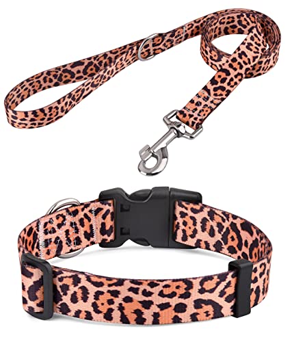 HQYDDMI Hundehalsband und Leine, Set für große Hunde, weiches, bequemes Haustierhalsband für kleine, mittelgroße und große Hunde, Leopardenmuster für Jungen, Mädchen, Welpen, Hunde (Leoparden-Set, L) von HQYDDMI