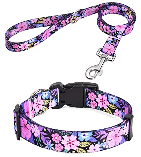 HQYDDMI Hundehalsband und Leine, Set für kleine Hunde und Katzen, mit Blumendruck, weich, bequem, verstellbar, für Welpen, kleine Hunde, Blumenmuster für Mädchen, Jungen, Hunde (Blumenmuster, Rosa, von HQYDDMI