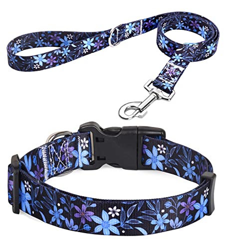 HQYDDMI Hundehalsband und Leine, Set für kleine Hunde und Katzen, mit Blumendruck, weich, bequem, verstellbar, für Welpen, kleine Hunde, Blumenmuster für Mädchen, Jungen, Hunde (Blumenmuster, Größe von HQYDDMI