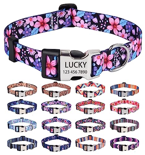 HQYDDMI Personalisiertes Hundehalsband, Blumengeometrie, mit Namen und Telefonnummer, verstellbar für kleine, mittelgroße und große männliche Hündinnen, Jungen, Mädchen, Hunde (Blumenmuster A, M) von HQYDDMI