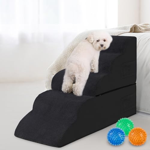 HRONRAD Hundetreppe für hohe Betten, 5-stufige Schaumstofframpen für kleine Hunde, rutschfeste Unterseite und abnehmbarer Bezug, für ältere und verletzte Haustiere zum Aufsteigen auf Bett und Couch, von HRONRAD
