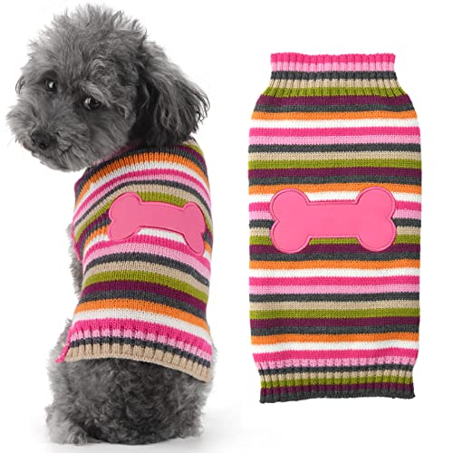 HRTTSY Weihnachtspullover für Hunde, niedlicher rosafarbener Knochen, Weihnachtspullover, Strickwaren, warme Welpenweste, Haustierkleidung für kleine und mittelgroße Hunde und Katzen (Pink, L) von HRTTSY