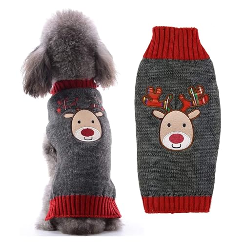 HRTTSY Weihnachtspullover für Hunde, niedliches graues Rentier, festlicher Pullover, für kaltes Wetter, warme Strickwaren, Pullover für kleine, mittelgroße und große Hunde, Katzen (graues Rentier, von HRTTSY