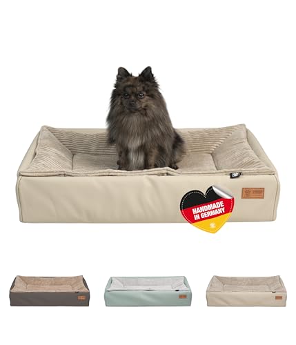 HS-Hundebett® Hundebett Kunstleder S (60x80 cm) – Dog Bed für kleine & große Hunde – Pflegeleicht & Formstabil – Waschbares Hundekörbchen & Hundesofa – Hygienisch & robust – Beige, Made in DE von HS-Hundebett