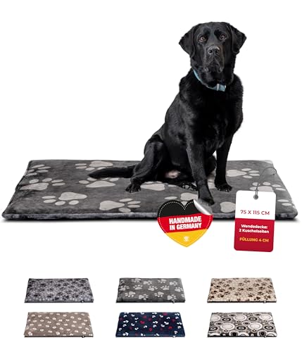 HS-Hundebett® Hundedecke L (75x115 cm) – rutschfest und gemütlich Dank 3 cm Füllung – Perfekt fürs Sofa, Auto & Hundebox – Pfote Anthrazit, Made in DE von HS-Hundebett