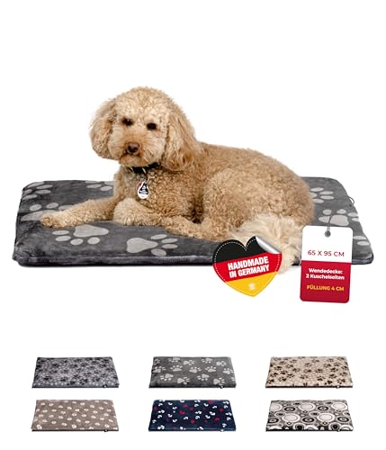 HS-Hundebett® Hundedecke M (65x95 cm) – Wendbar & rutschfest - 3 cm Füllung – Perfekt fürs Sofa, Auto & Hundebox – Pfote Anthrazit, Made in DE von HS-Hundebett