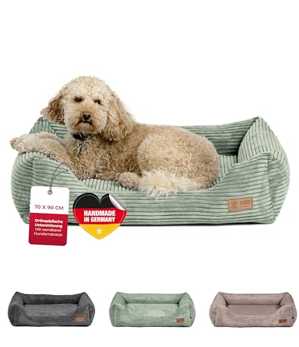 HS-Hundebett® Kuschelbett Deluxe Cord M (70x90cm) – Orthopädisches Hundebett mit Memory Foam & Anti-Rutsch – Waschbar – Grün – Made in DE von HS-Hundebett