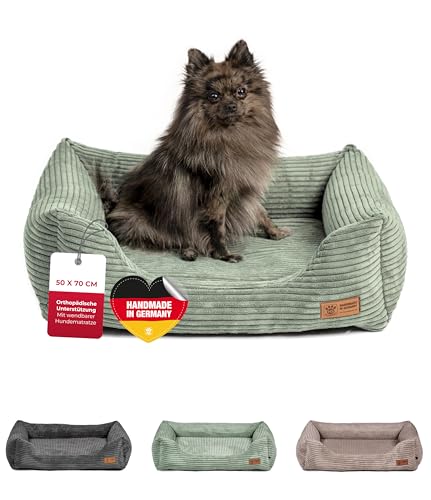 HS-Hundebett® Kuschelbett Deluxe Cord S (60x75cm) – Orthopädisches Hundebett mit Memory Foam & Anti-Rutsch – Waschbar – Grün – Made in DE von HS-Hundebett