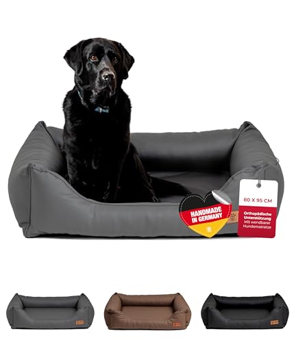 HS-Hundebett® Kuschelbett Deluxe Kunstleder L (80x95 cm) – Orthopädisches Hundebett, Memory Foam & Anti-Rutsch – Waschbar – Anthrazit, Made in DE von HS-Hundebett